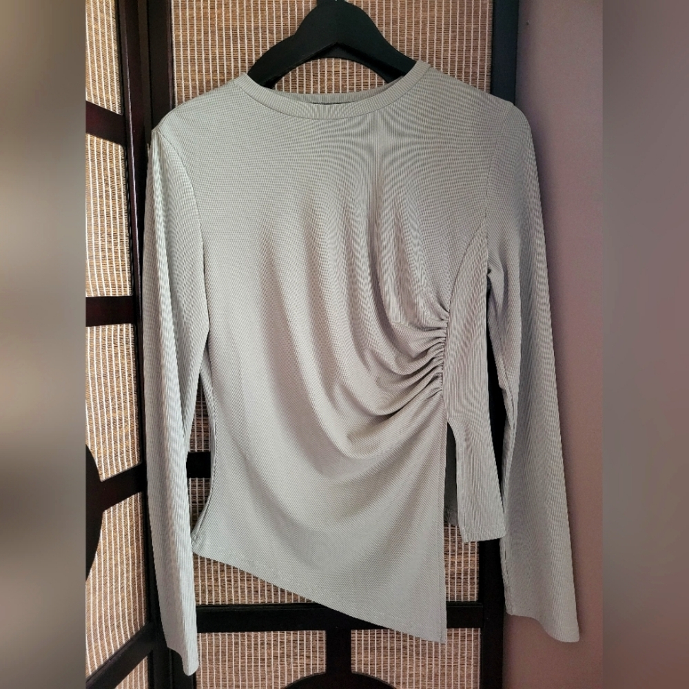 Elegant Soft Green/Gray Ruched Women's Top